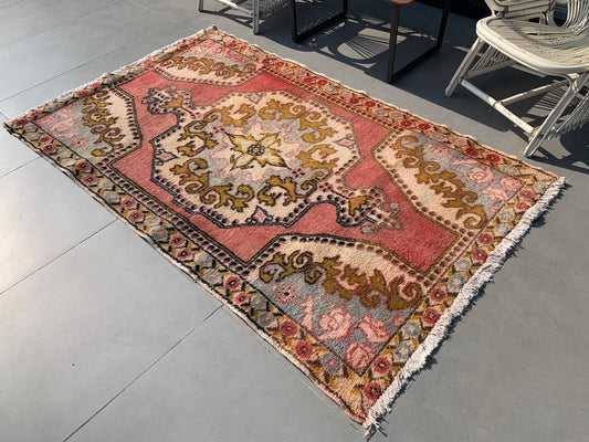4,2x7 Turkish Area Rug, Red Yellow Bordered Wool Rug