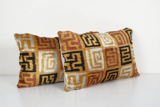 Set of Two Silk Ikat Velvet Pillow, Matching Red Uzbek Ikat