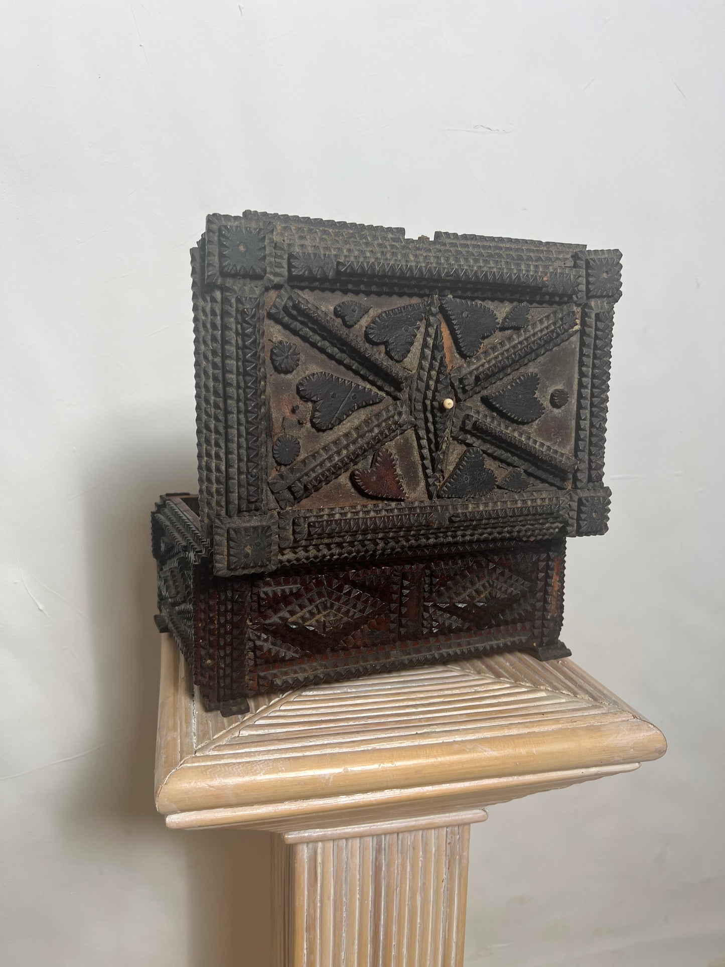 Primitive Tramp/Folk Art Box with Hearts, 1800's
