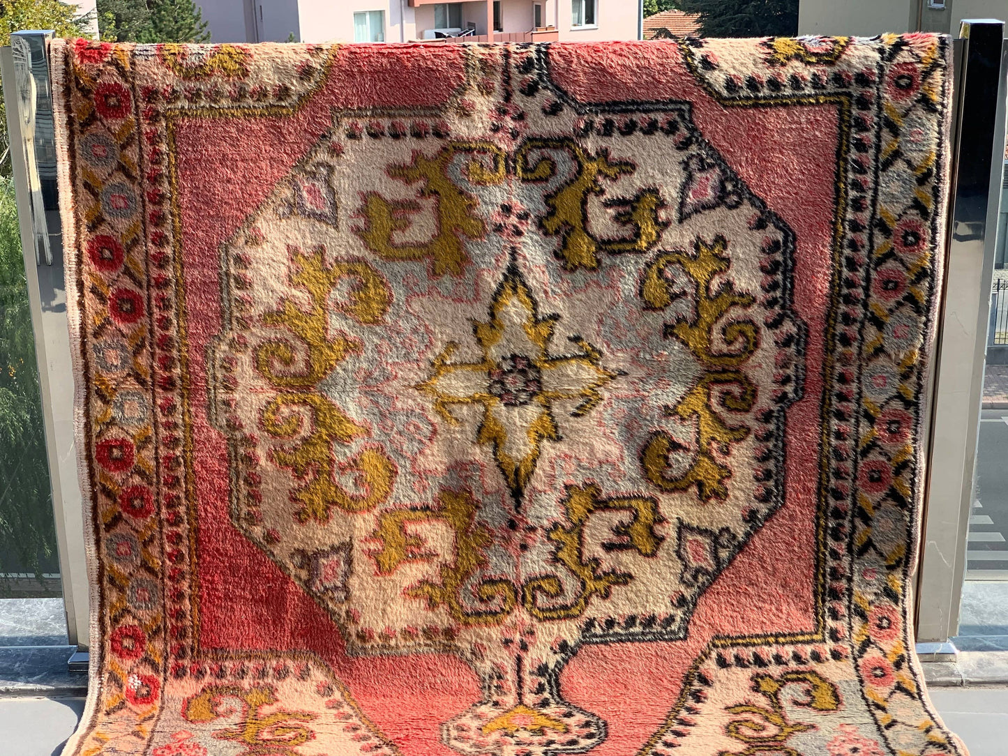 4,2x7 ft Vintage Rug, Turkish Area Rug, Red Yellow Bordered Wool Rug
