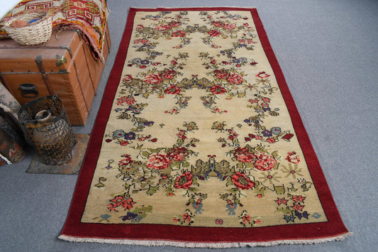 4.3x8.1 ft Turkish Area Rug, Vintage Red Floral Rug