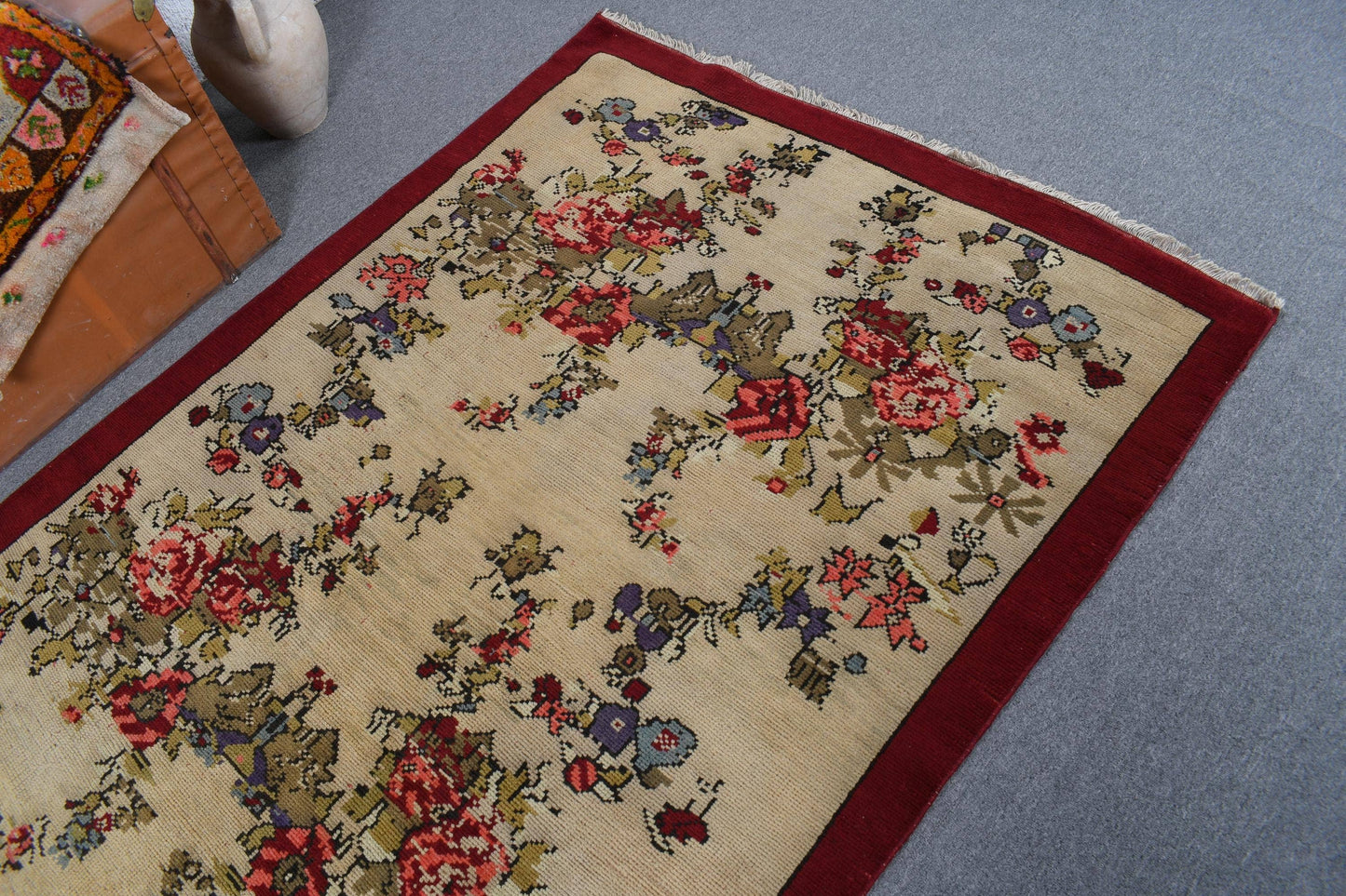 4.3x8.1 ft Turkish Area Rug, Vintage Red Floral Rug