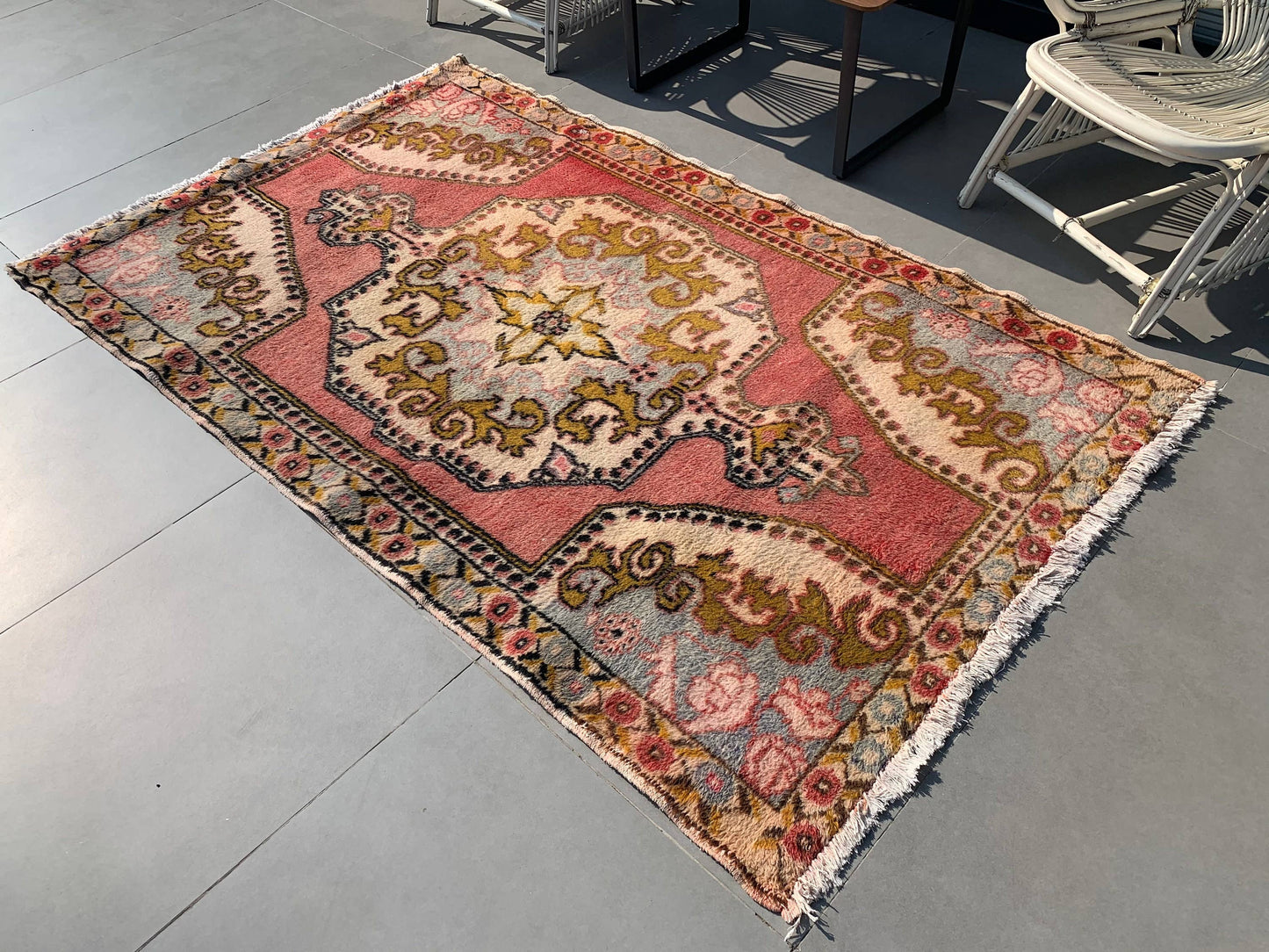 4,2x7 ft Vintage Rug, Turkish Area Rug, Red Yellow Bordered Wool Rug