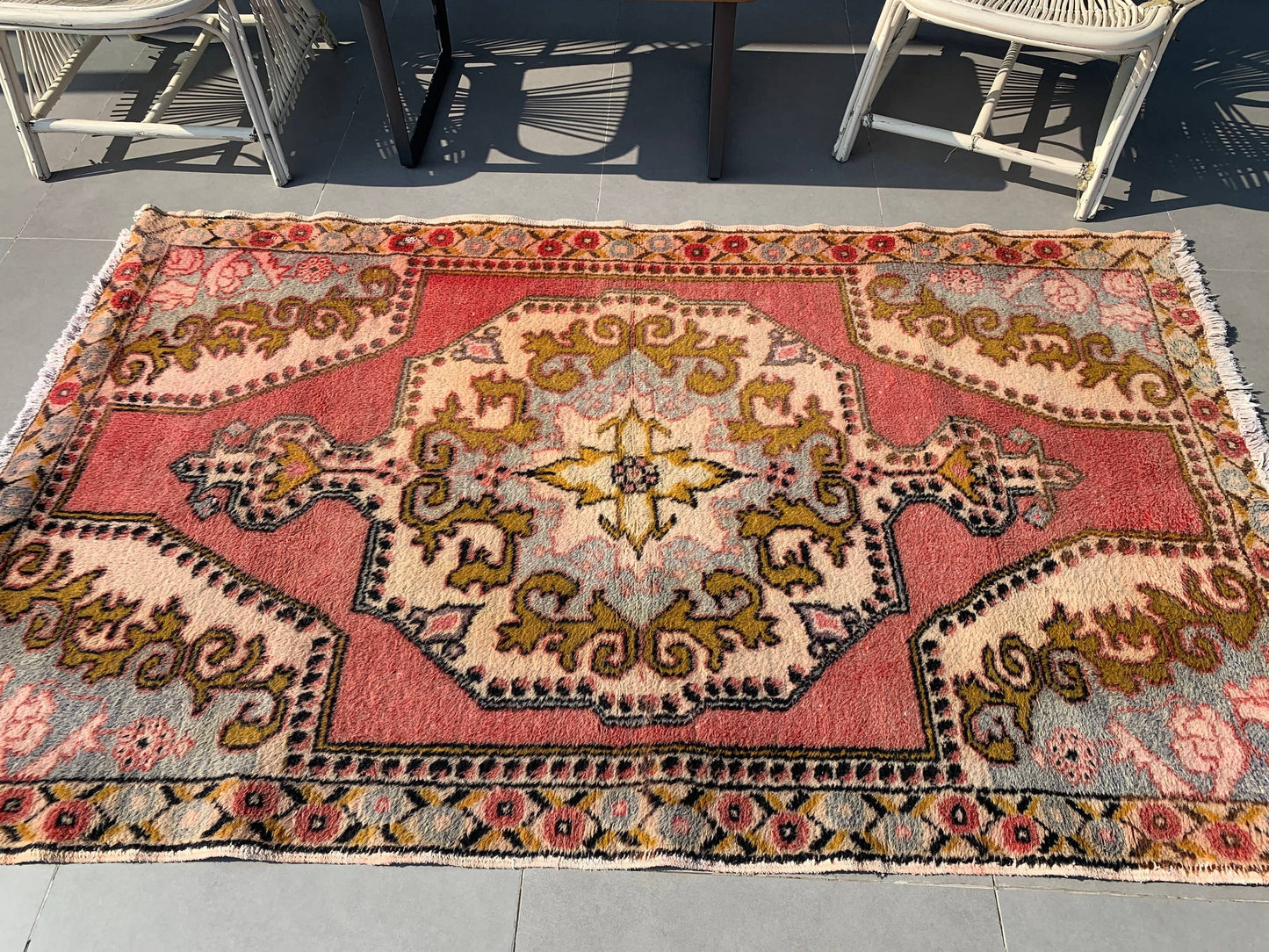 4,2x7 ft Vintage Rug, Turkish Area Rug, Red Yellow Bordered Wool Rug