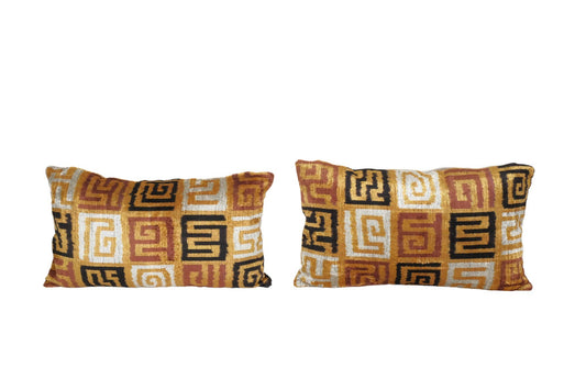 Set of Two Silk Ikat Velvet Pillow, Matching Red Uzbek Ikat