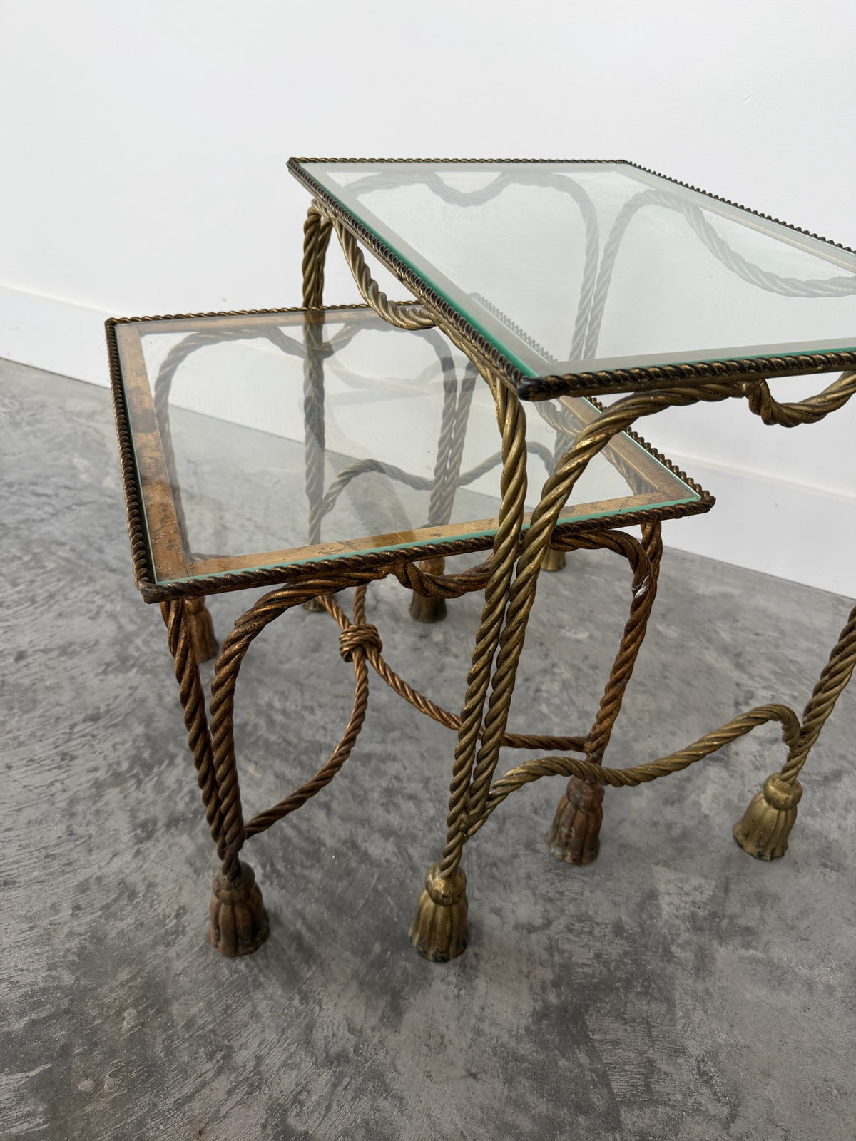 Palladio Italian Mid-Century Gilt Iron Rope and Tassel Nesting Tables