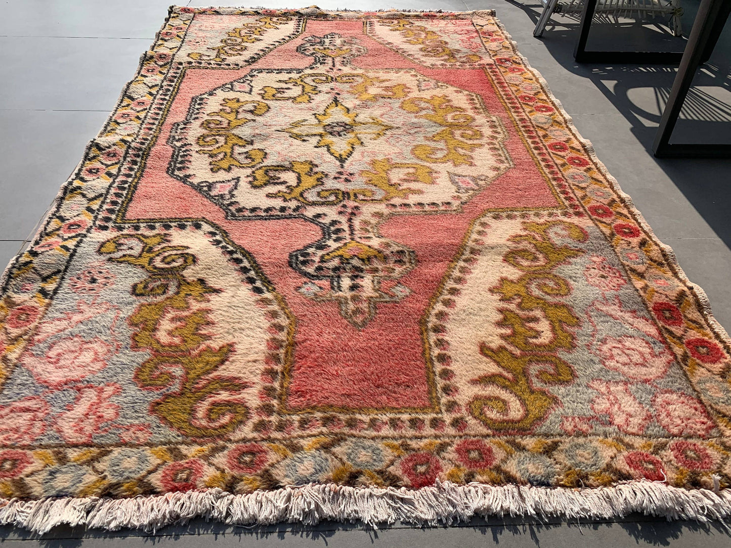 4,2x7 ft Vintage Rug, Turkish Area Rug, Red Yellow Bordered Wool Rug