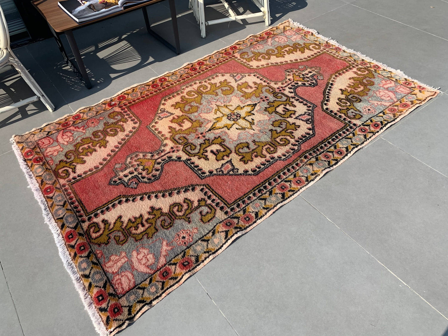 4,2x7 ft Vintage Rug, Turkish Area Rug, Red Yellow Bordered Wool Rug