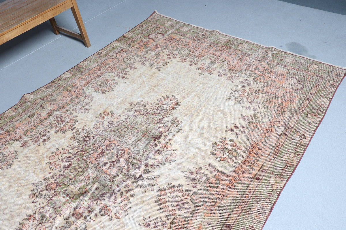 6x9,7 ft Vintage Rug, Rug, Beige Ikat Rug Wool