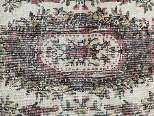 3,9x7 ft Turkish Vintage Rug, Area Rug, Brown Beige Bordered Wool Rug