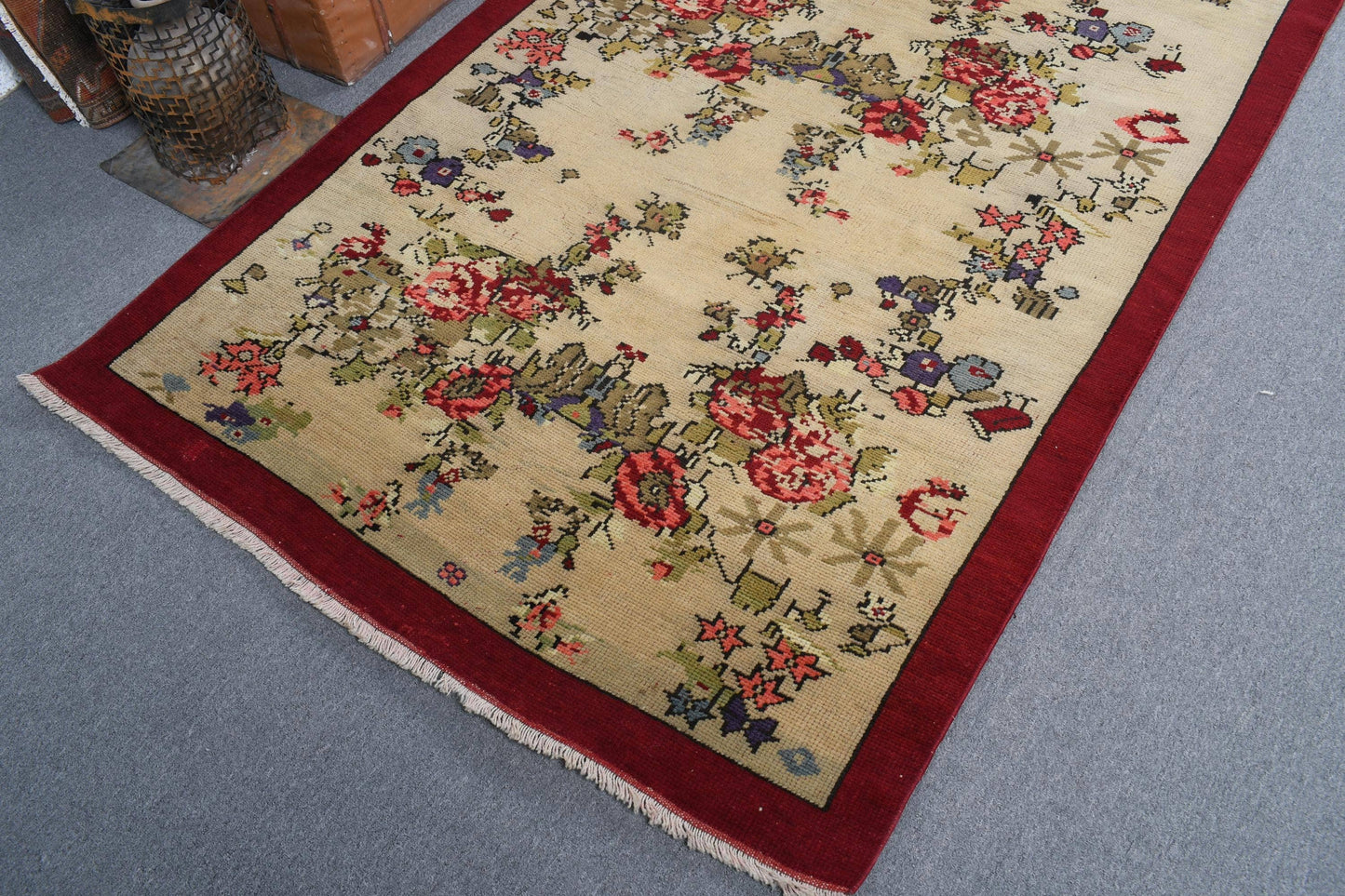 4.3x8.1 ft Turkish Area Rug, Vintage Red Floral Rug