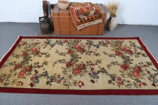 4.3x8.1 ft Turkish Area Rug, Vintage Red Floral Rug