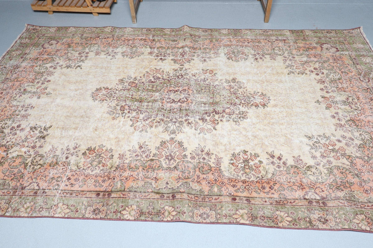 6x9,7 ft Vintage Rug, Rug, Beige Ikat Rug Wool