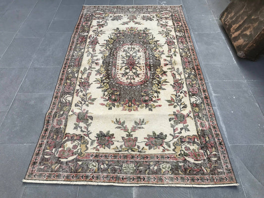 3,9x7 ft Turkish Vintage Rug, Area Rug, Brown Beige Bordered Wool Rug