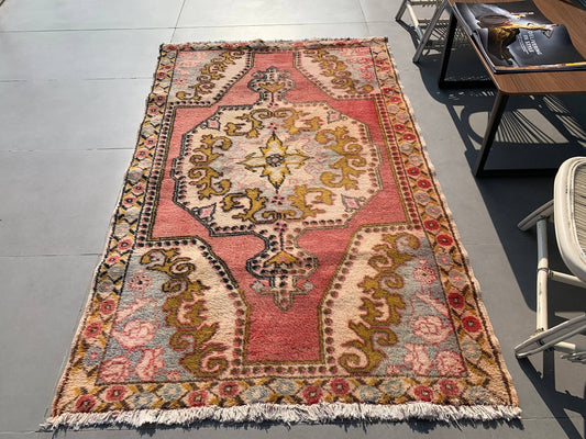 4,2x7 Turkish Area Rug, Red Yellow Bordered Wool Rug