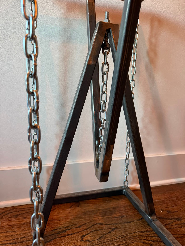 Brutalist Industrial Steel & Chain Glass Top Pedestal Table