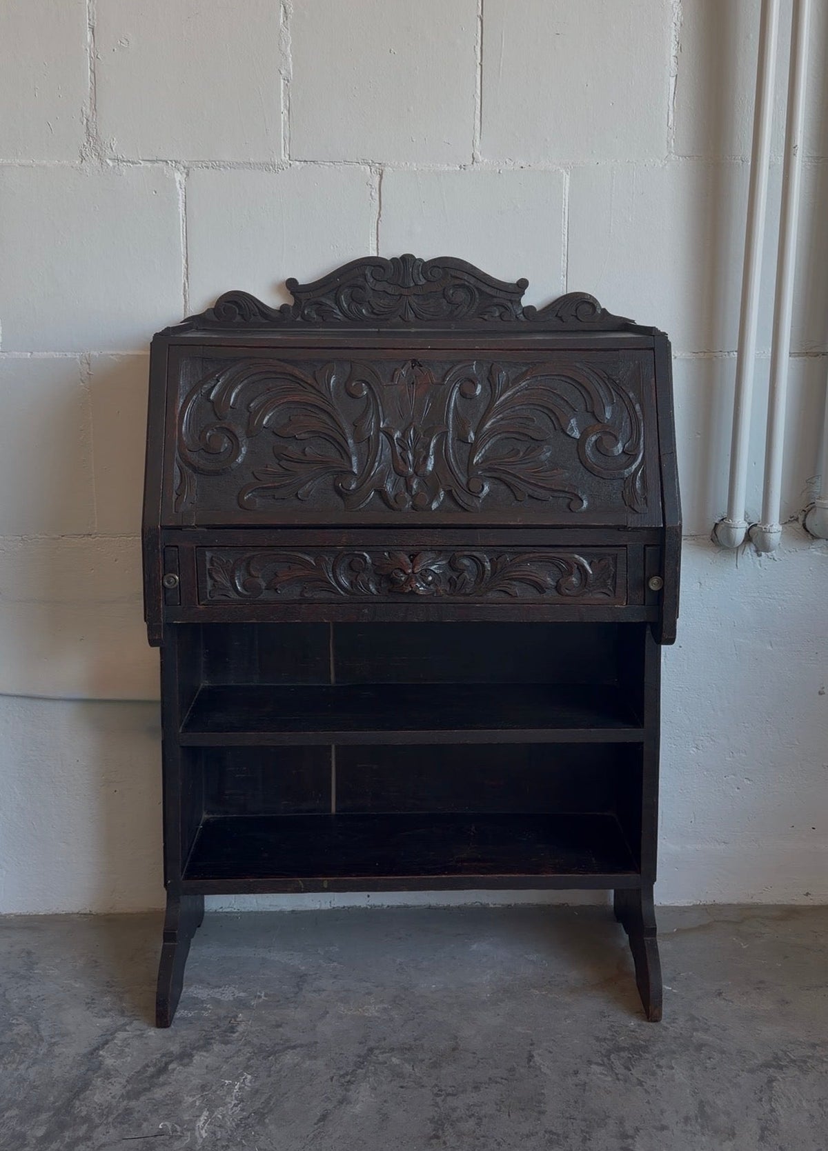 Antique 19th c. Heavily Carved Spanish Secretary Desk