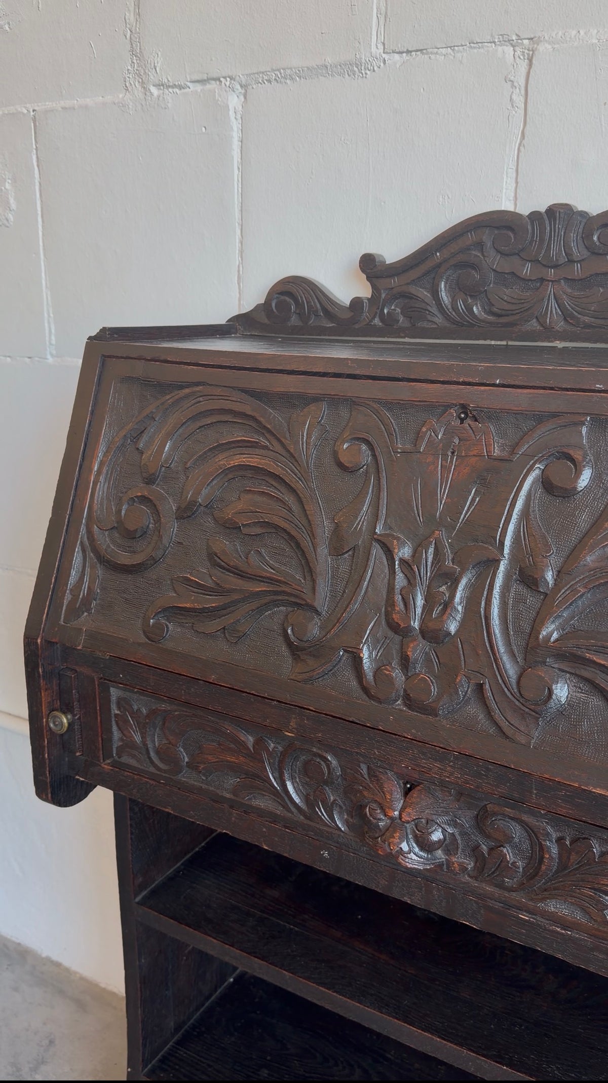 Antique 19th c. Heavily Carved Spanish Secretary Desk