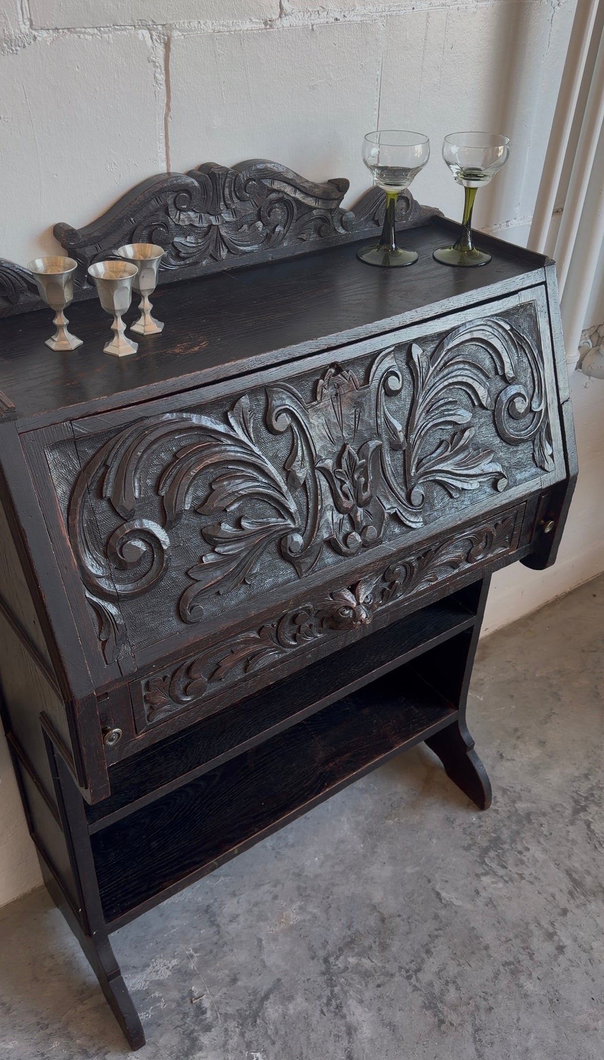 Antique 19th c. Heavily Carved Spanish Secretary Desk