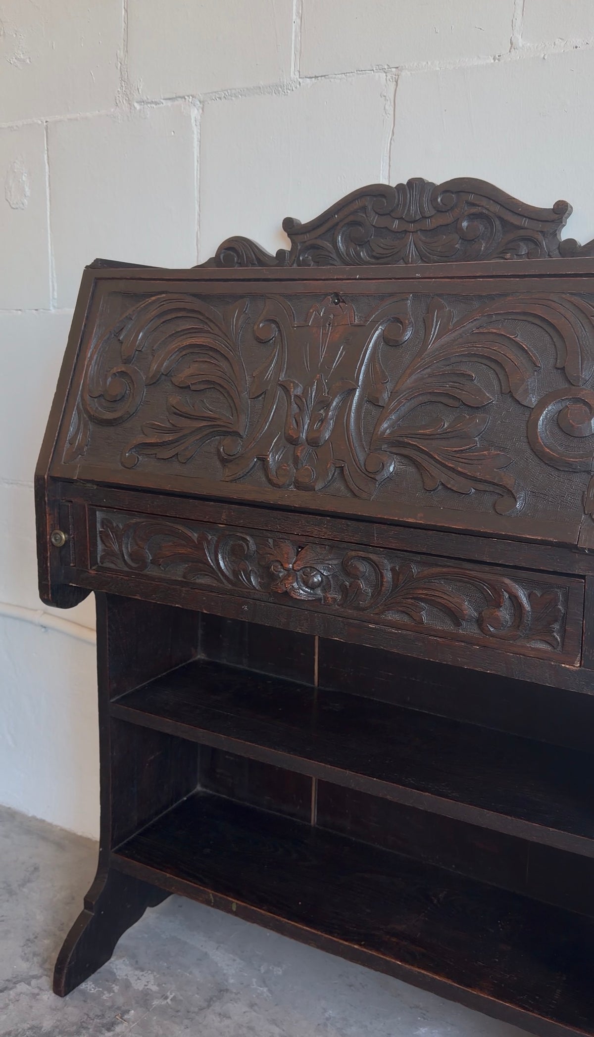 Antique 19th c. Heavily Carved Spanish Secretary Desk
