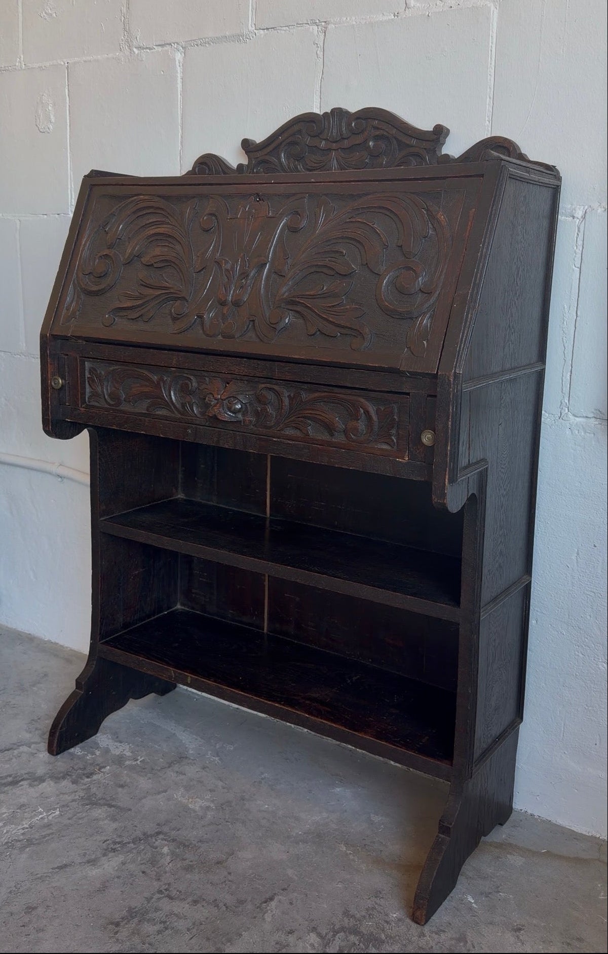 Antique 19th c. Heavily Carved Spanish Secretary Desk