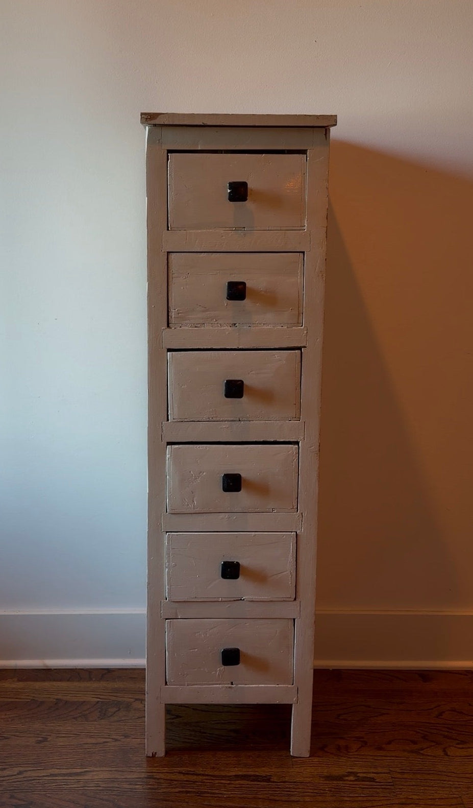 Primitive White Painted Six-Drawer Tall Cabinet