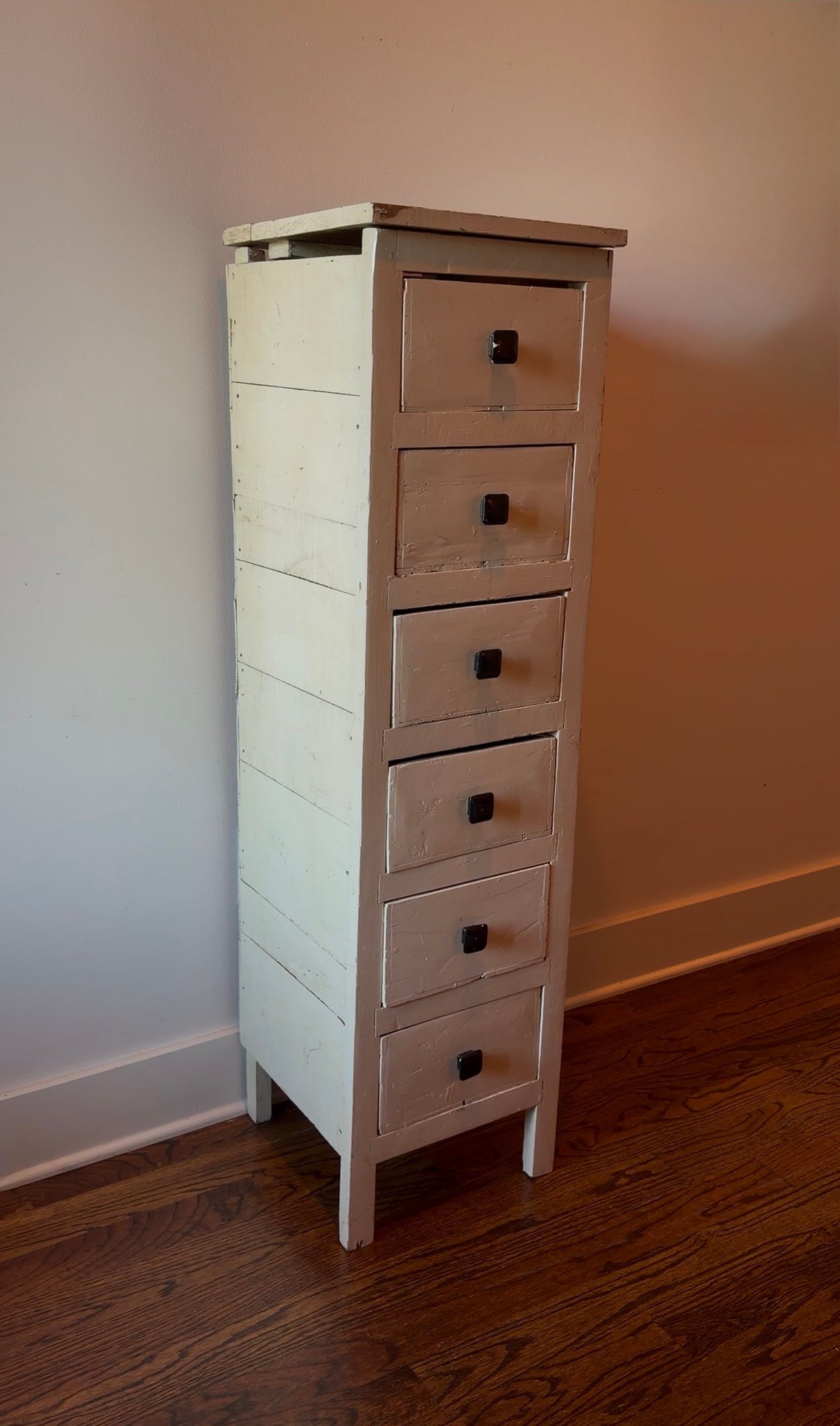 Primitive White Painted Six-Drawer Tall Cabinet