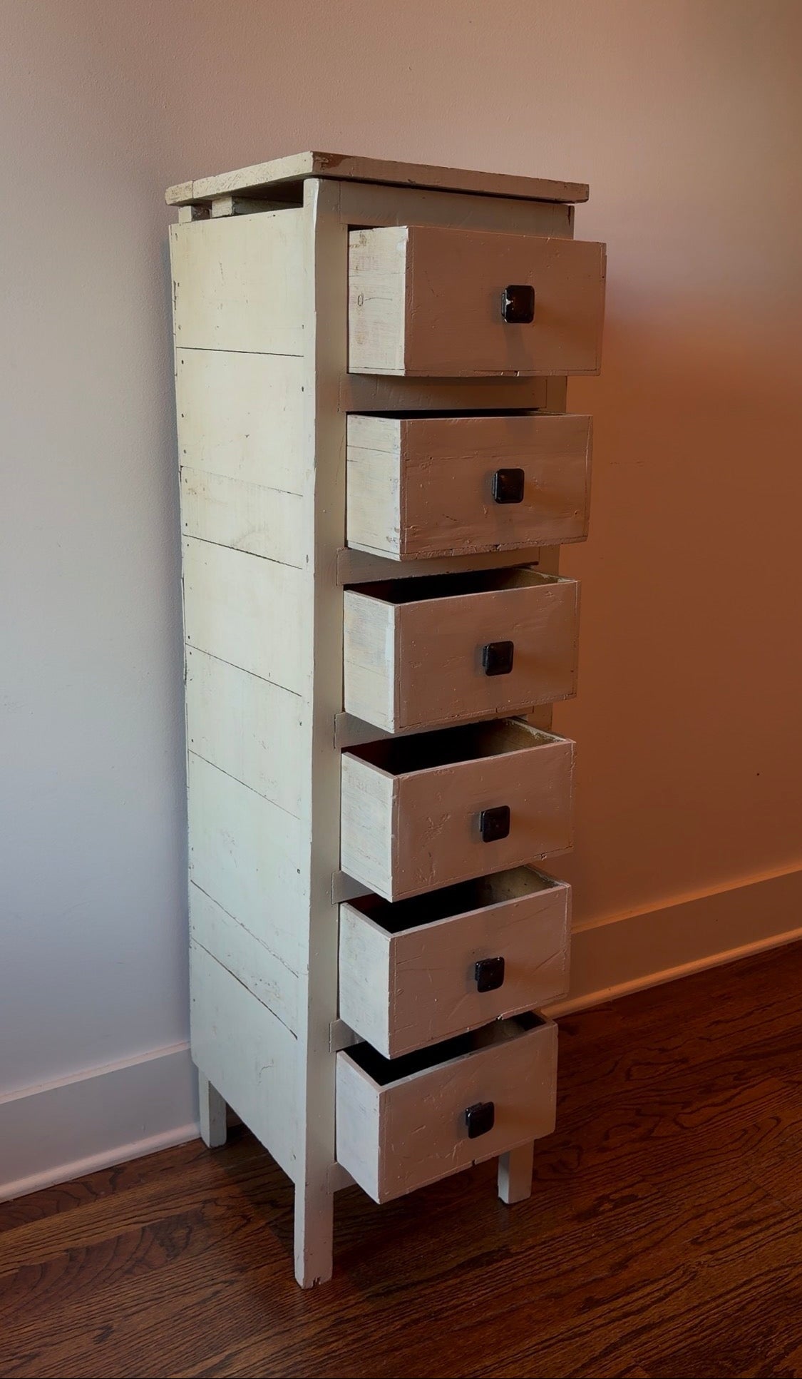 Primitive White Painted Six-Drawer Tall Cabinet