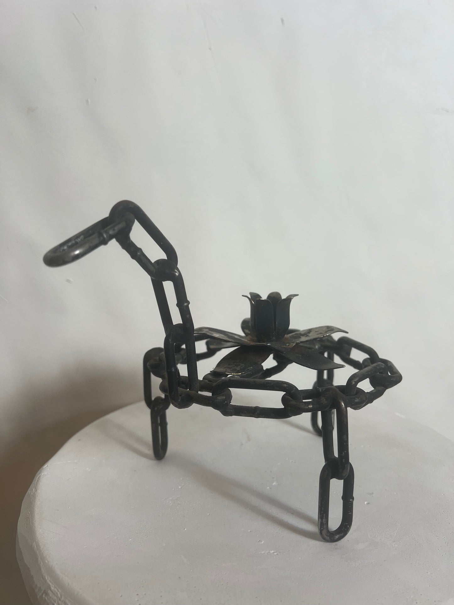 Antique Brutalist Metal Chain Art Horse Candleholder