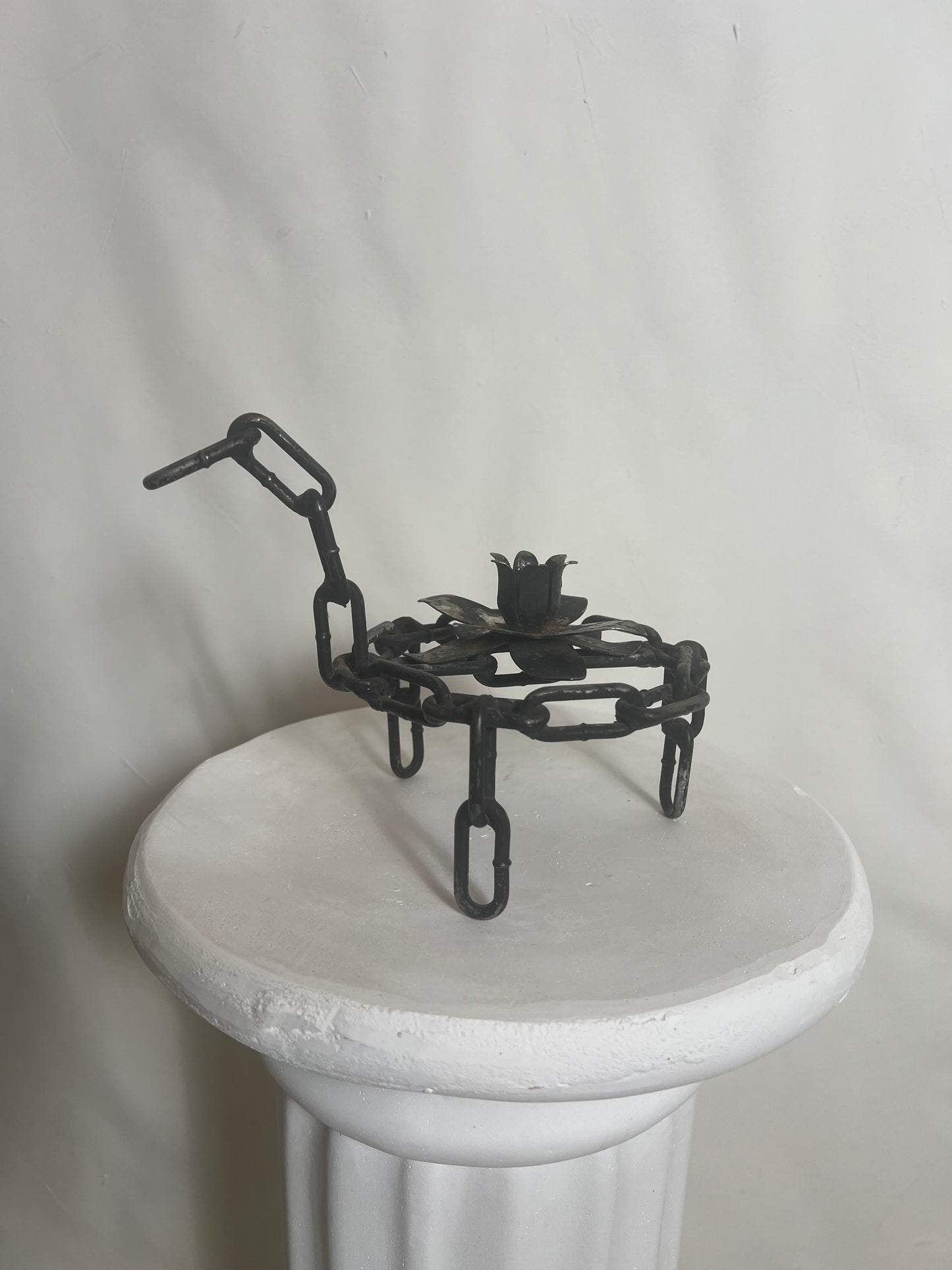 Antique Brutalist Metal Chain Art Horse Candleholder