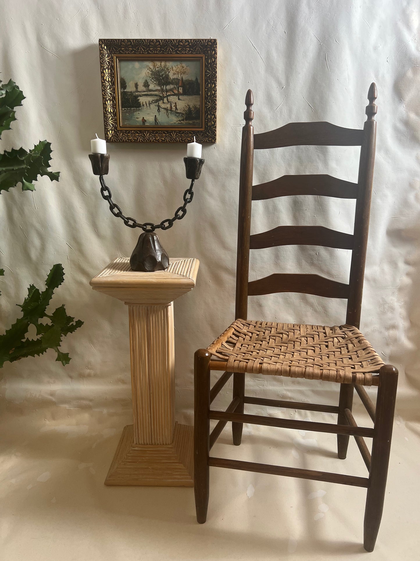 Antique Brutalist Metal and Wood Chain Candleholder