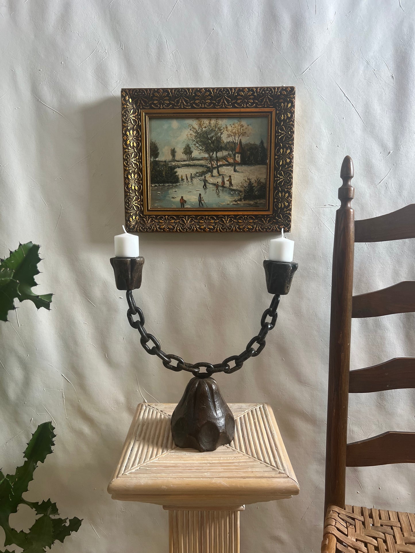 Antique Brutalist Metal and Wood Chain Candleholder