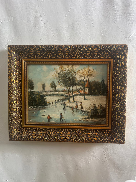 Original Vintage Winter Landscape Painting, Dutch