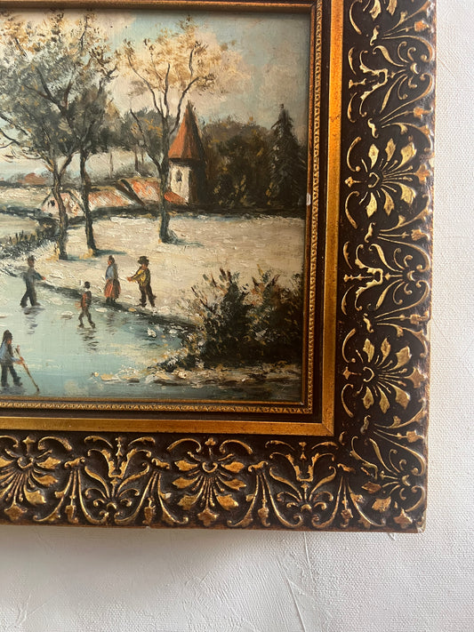 Original Vintage Winter Landscape Painting, Dutch