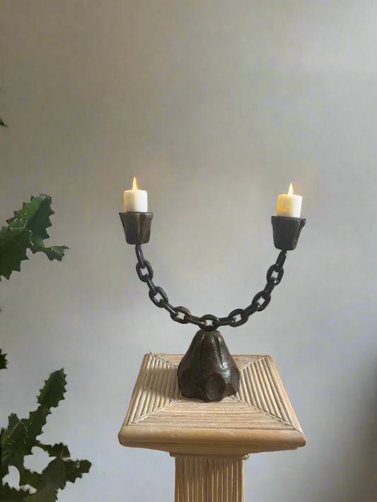 Antique Brutalist Metal and Wood Chain Candleholder