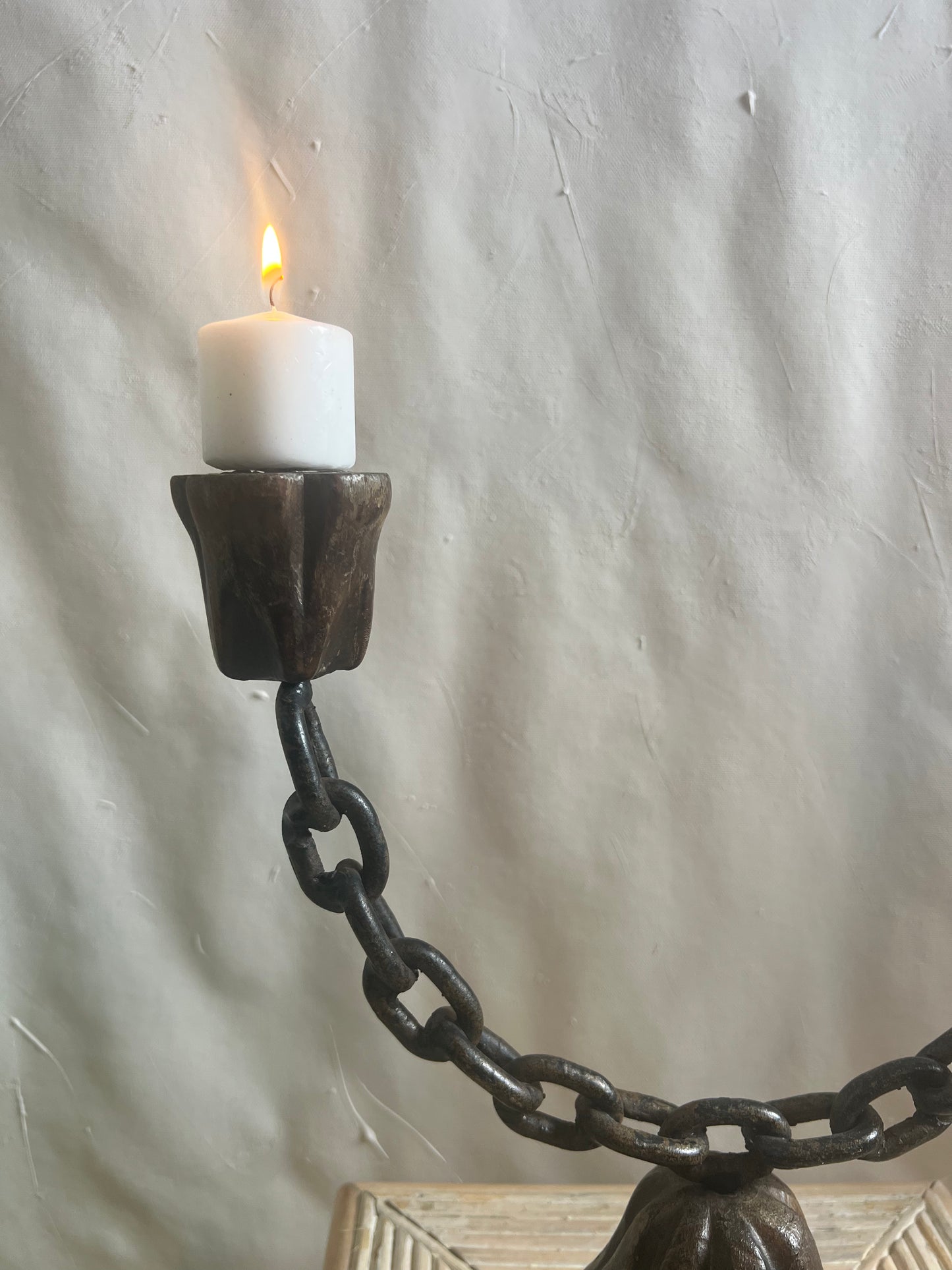 Antique Brutalist Metal and Wood Chain Candleholder