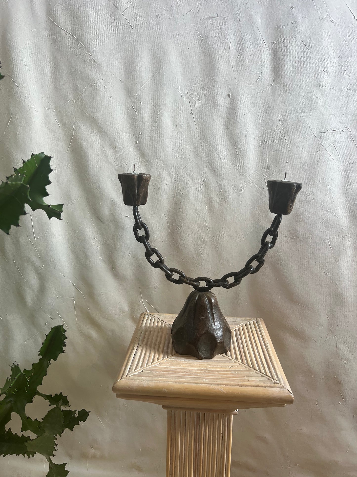 Antique Brutalist Metal and Wood Chain Candleholder