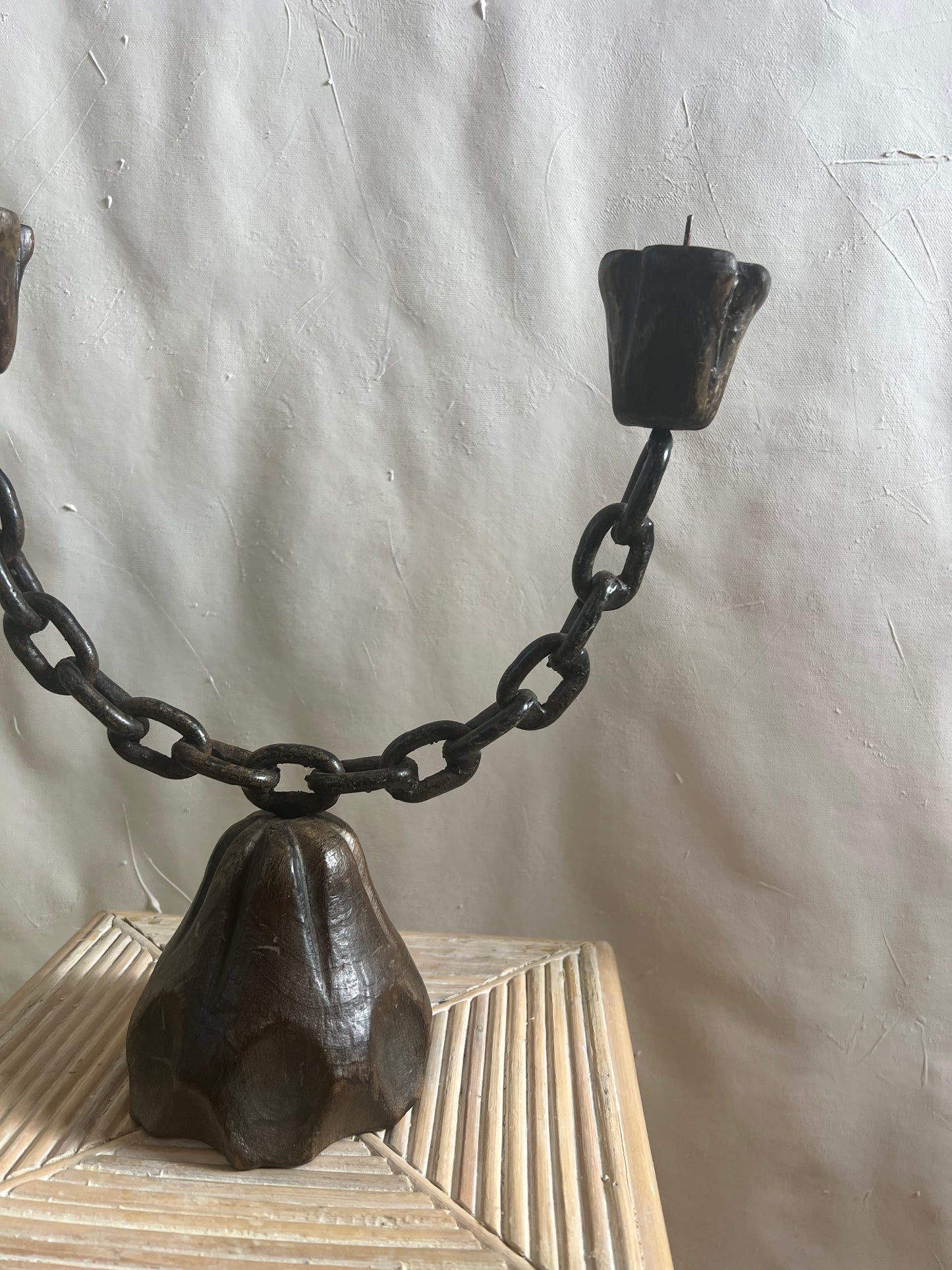 Antique Brutalist Metal and Wood Chain Candleholder