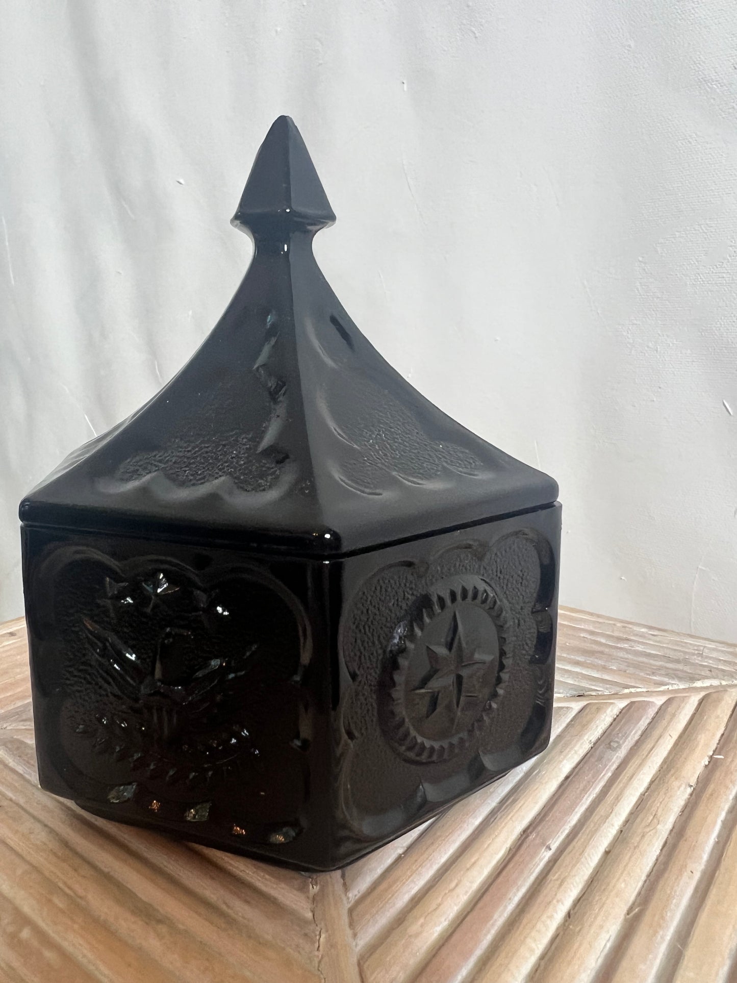 Vintage Black Glass Hexagon Container with Lid