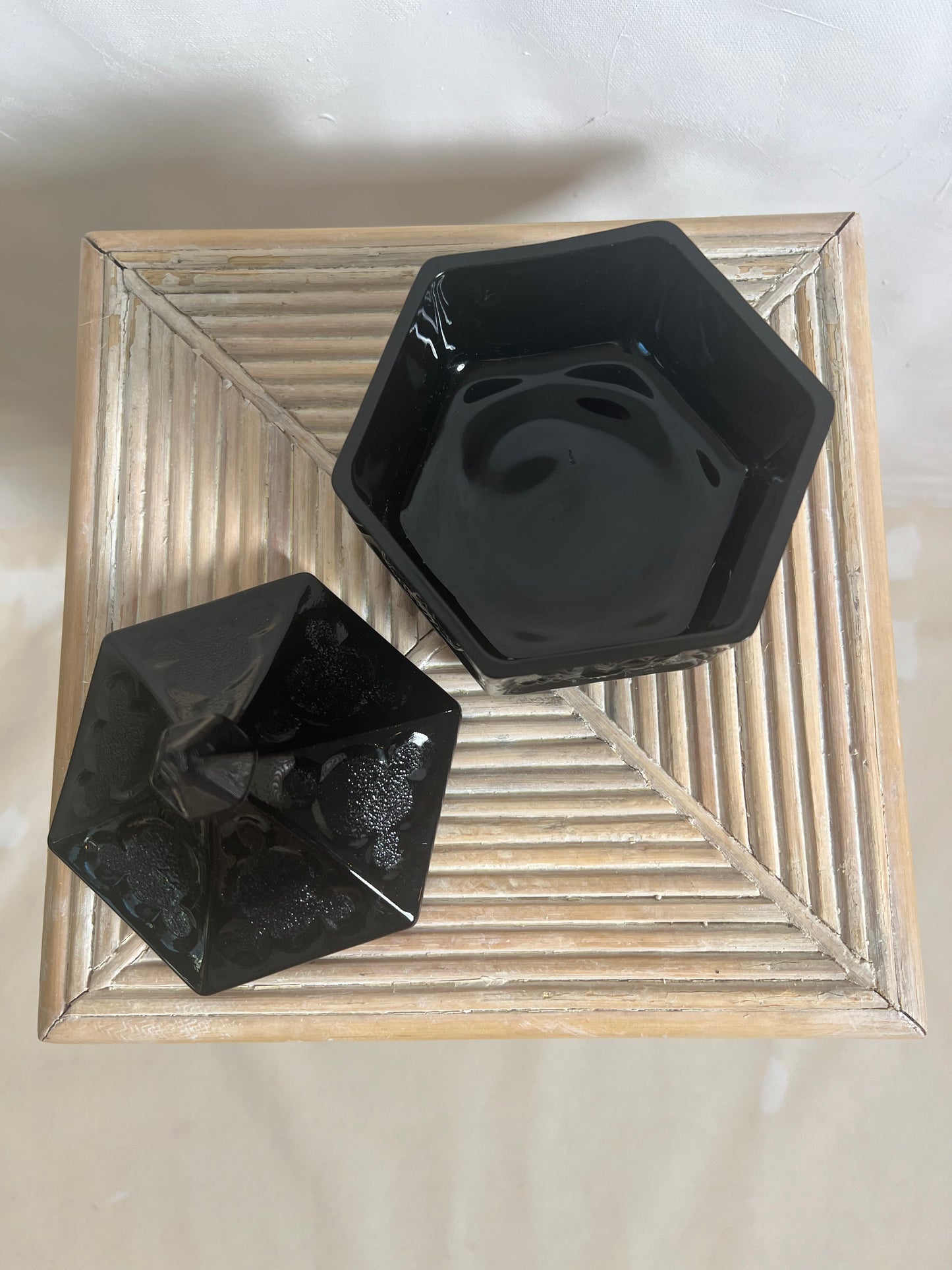 Vintage Black Glass Hexagon Container with Lid