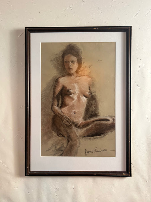 Vintage Nude Original Charcoal Drawing, 1980's