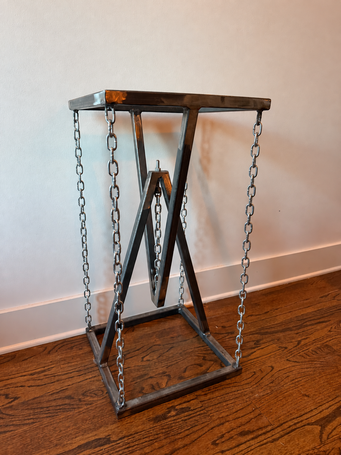 Brutalist Industrial Steel & Chain Glass Top Pedestal Table