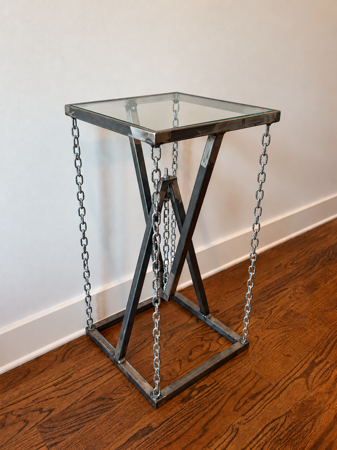 Brutalist Industrial Steel & Chain Glass Top Pedestal Table