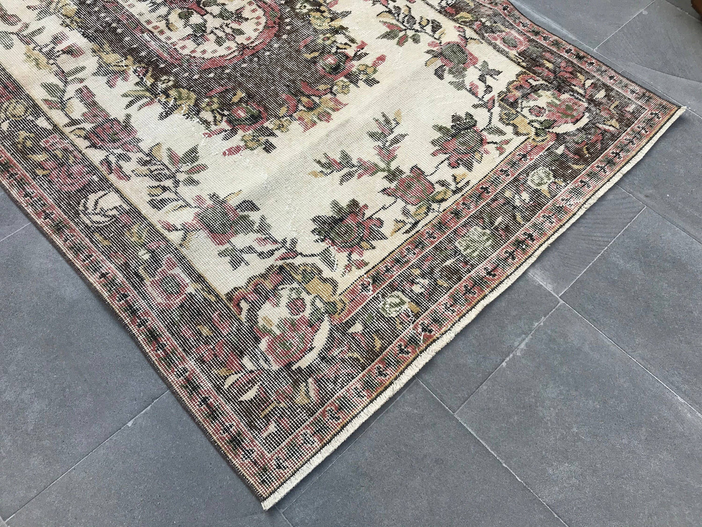 3,9x7 ft Turkish Vintage Rug, Area Rug, Brown Beige Bordered Wool Rug