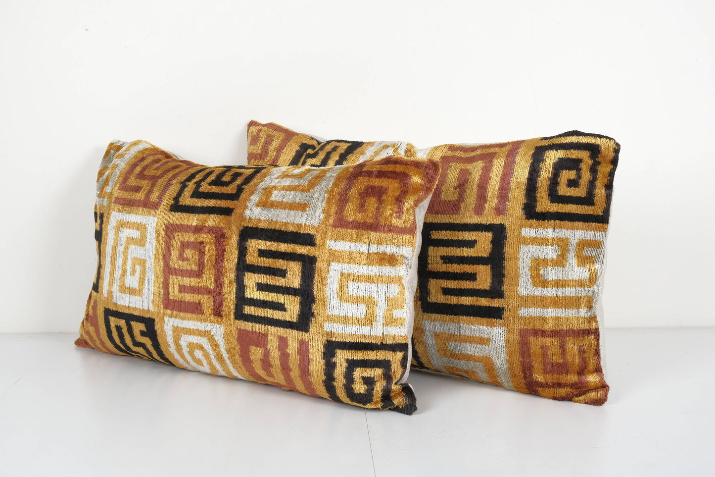 Set of Two Silk Ikat Velvet Pillow, Matching Red Uzbek Ikat