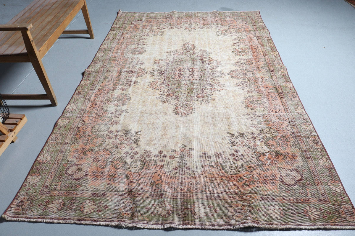 6x9,7 ft Vintage Rug, Rug, Beige Ikat Rug Wool