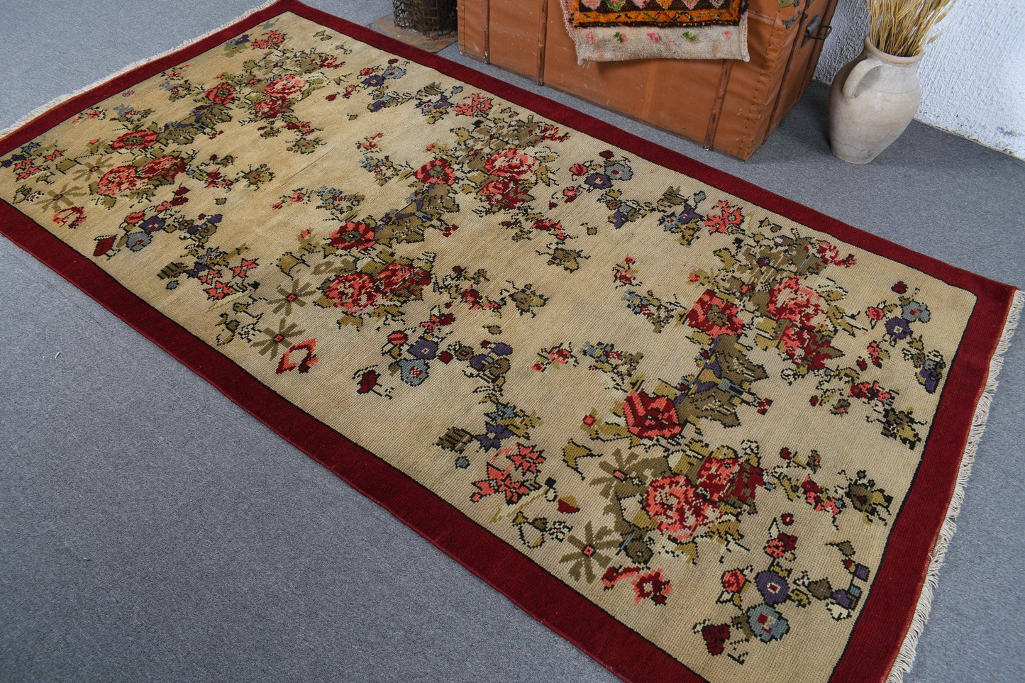 4.3x8.1 ft Turkish Area Rug, Vintage Red Floral Rug