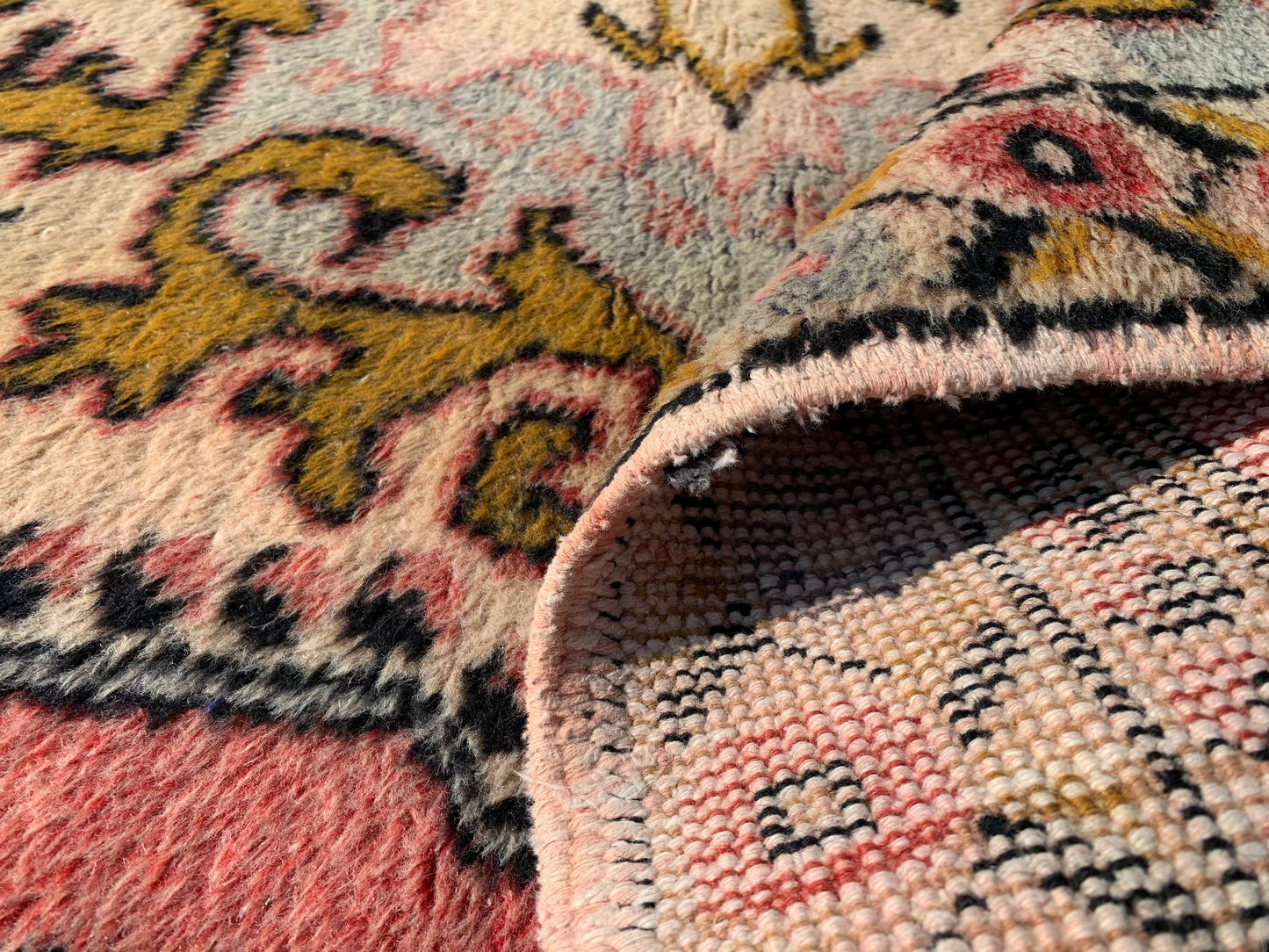 4,2x7 ft Vintage Rug, Turkish Area Rug, Red Yellow Bordered Wool Rug