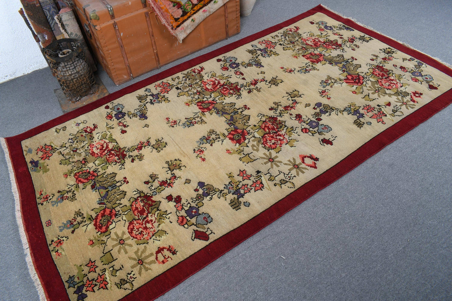 4.3x8.1 ft Turkish Area Rug, Vintage Red Floral Rug