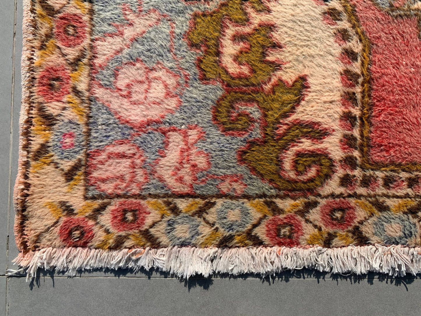 4,2x7 ft Vintage Rug, Turkish Area Rug, Red Yellow Bordered Wool Rug